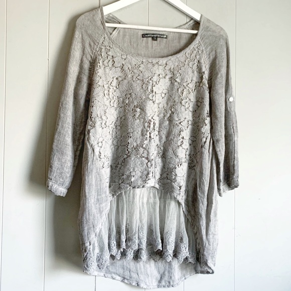 CLOTHES HEAD Gray Linen & Lace Boho Tunic Top S - Picture 1 of 4
